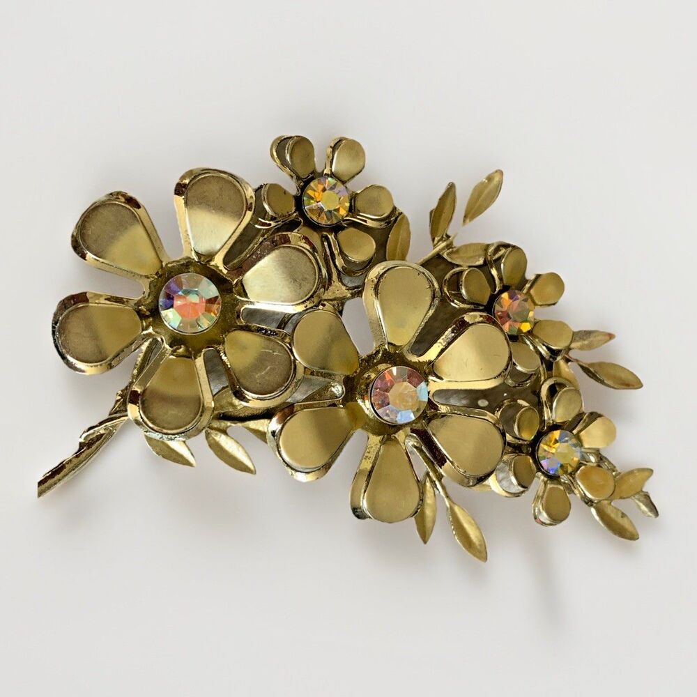 Vintage Coro Enamel Daisy Brooch Gold Tone AB Rhinestones Floral Spray 50s